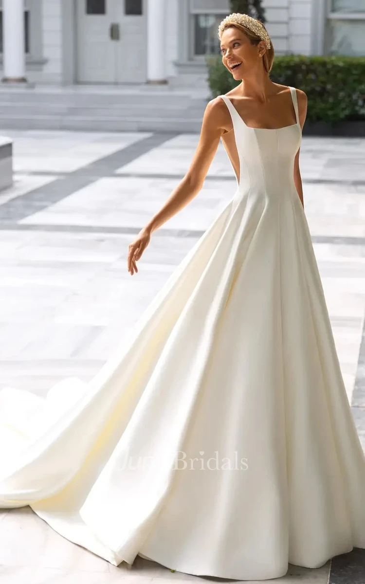 Simple Modest A-Line Square Neck Satin Wedding Dress Modern Elegant Sleeveless Court Train Debutante Evening Party Gown