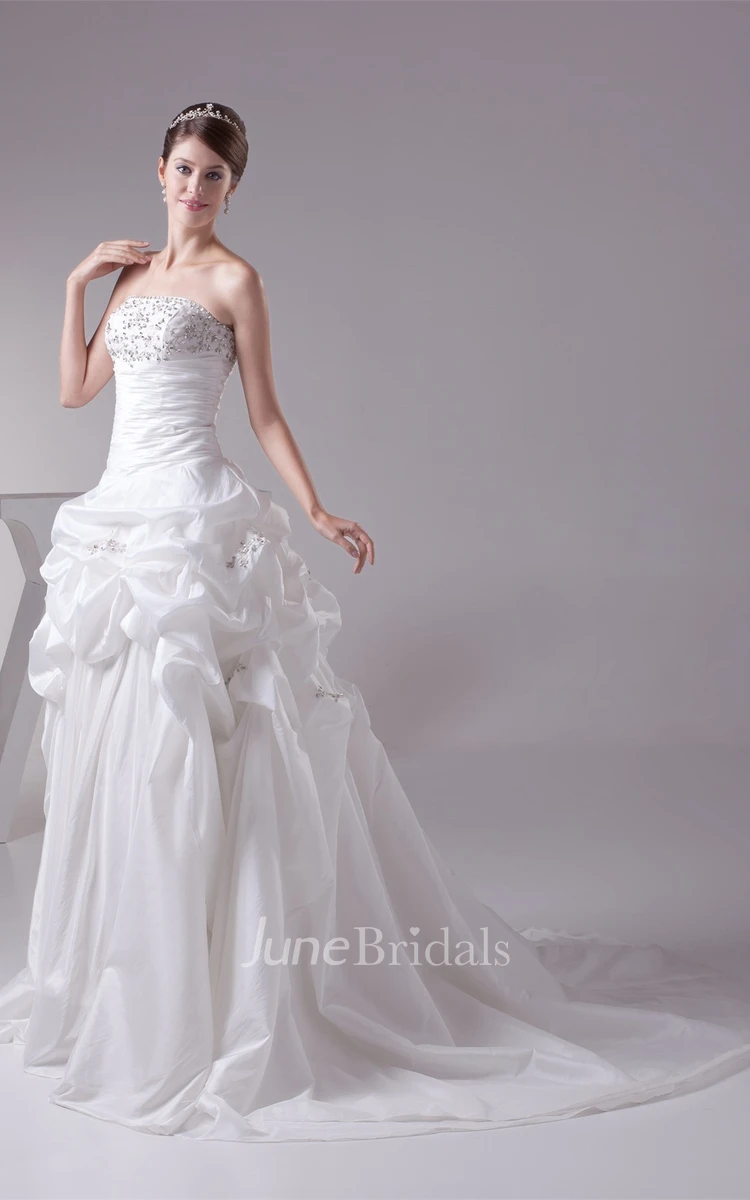 Strapless Pick-Up Pleated Ball Gown with Beading and Appliques