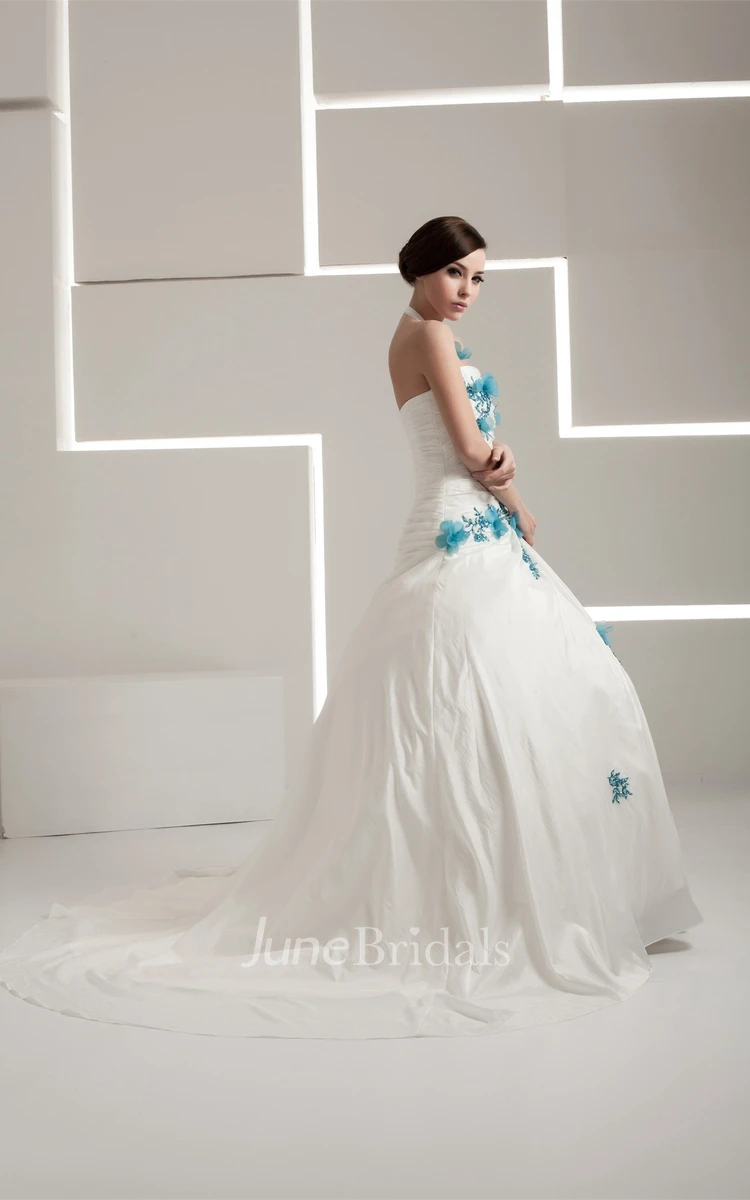 Haltered A-Line Appliqued Gown with Flower and Ruching