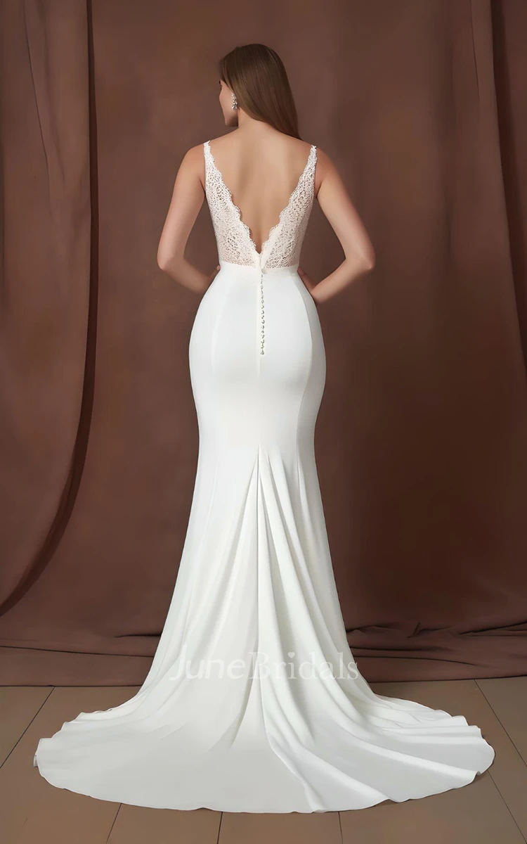 2024 Mermaid Satin Lace Sleeveless Wedding Dress V-neck Country Garden Sweep Train Simple Sexy Elegant Modern