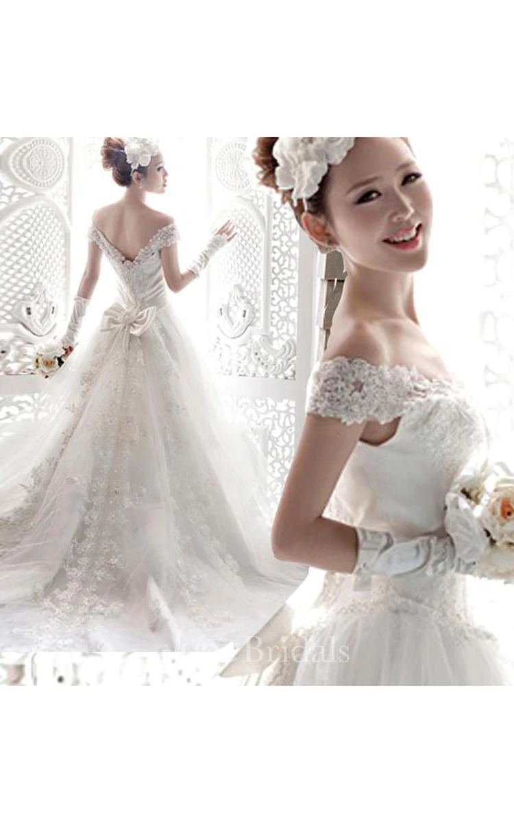 Vintage Off-the-Shoulder Lace Bowknot Wedding Dresses Lace With Long Train