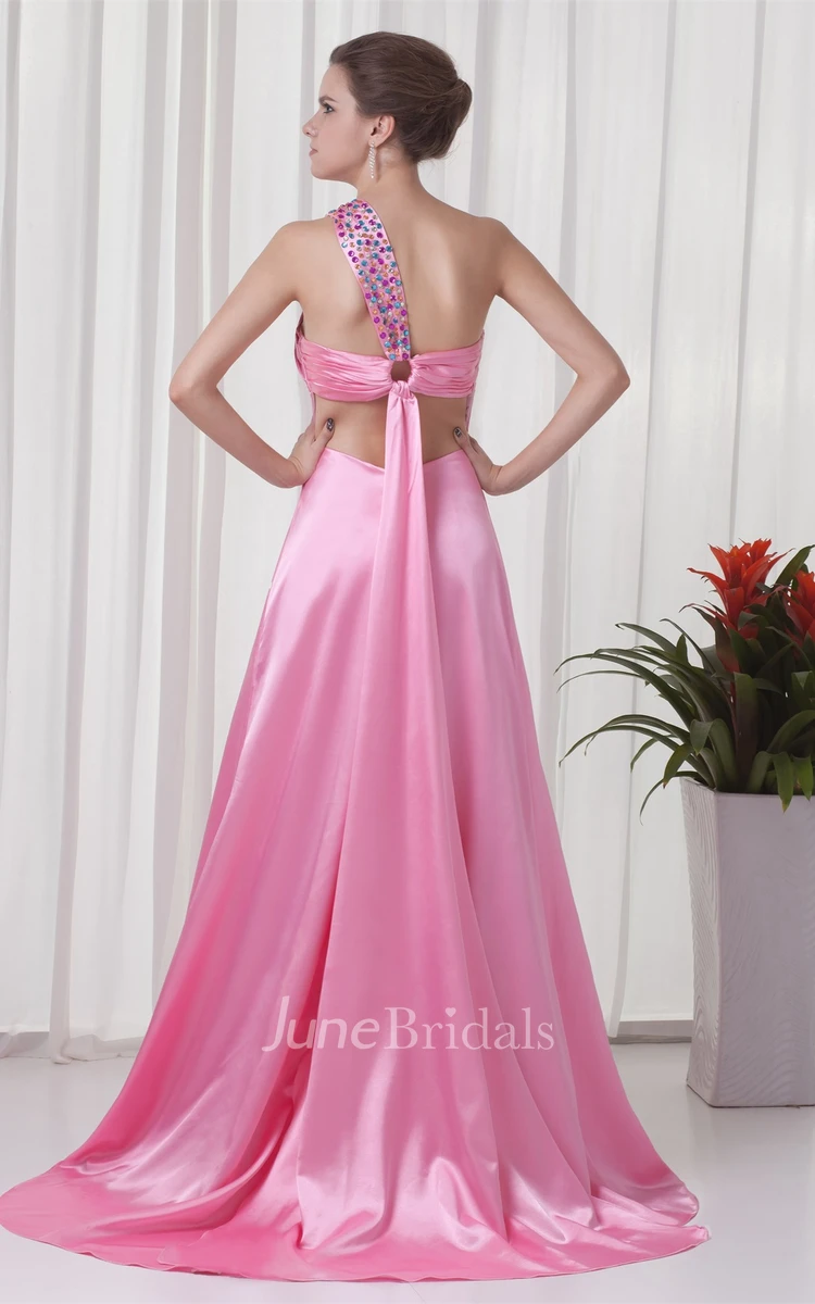 satin sheath floor-length sleeveless dress with brush train and ruching