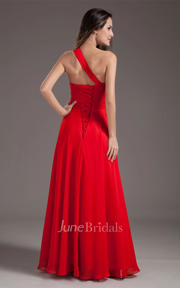 single-strap maxi chiffon dress with appliques and draping