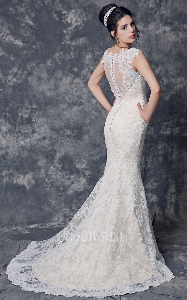 Cap Sleeve Mermaid Long Lace Wedding Dress with Illusion Back