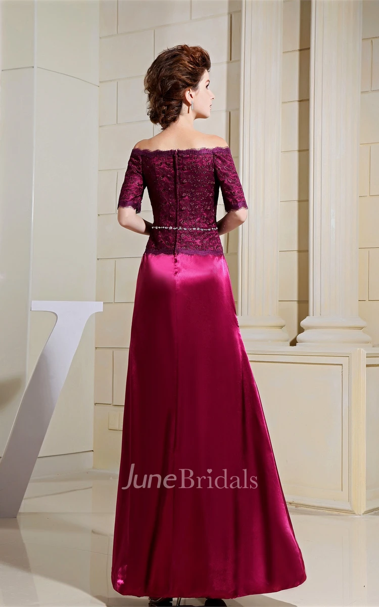 Off-The-Shoulder Short-Sleeve Satin Sheath Gown with Appliqued Top
