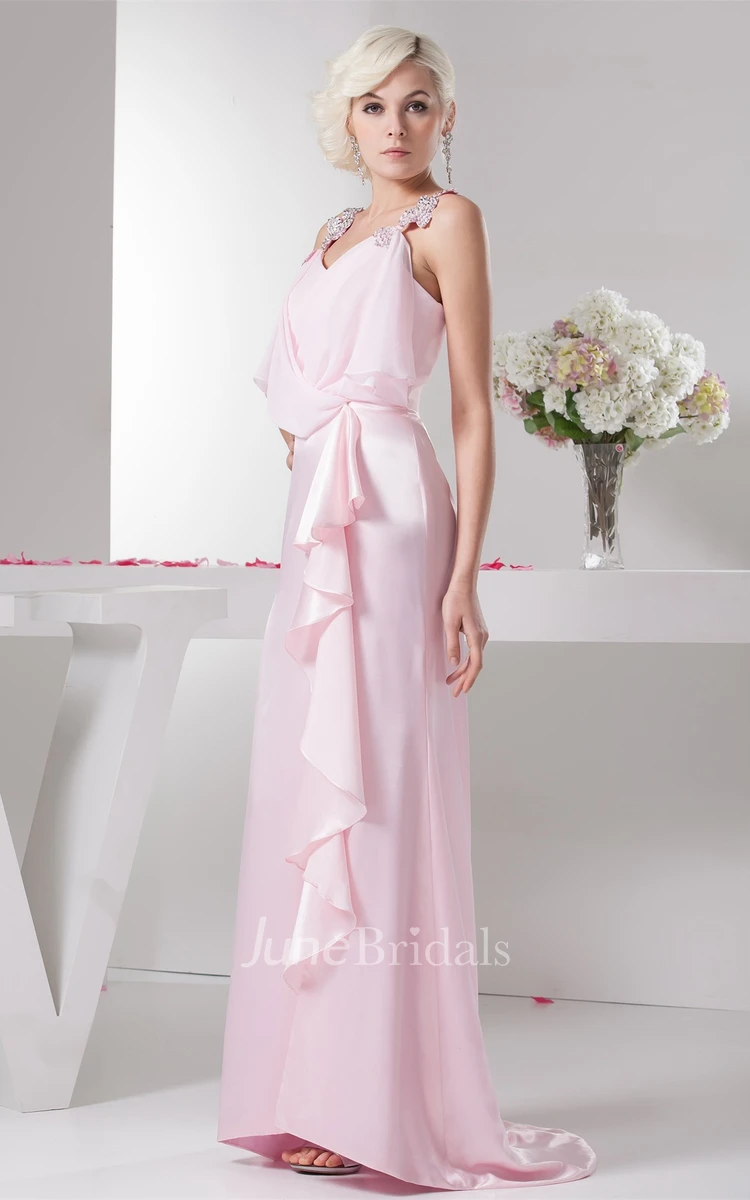 Vibrant Chiffon Floor-Length Dress with Draping and Beaded Straps