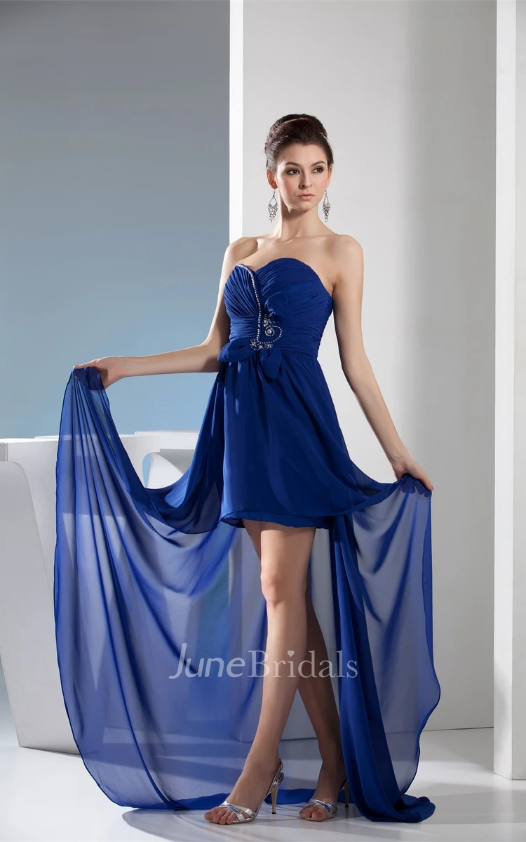 Sweetheart High-Low Ruched Gown with Pleats and Sash Bow