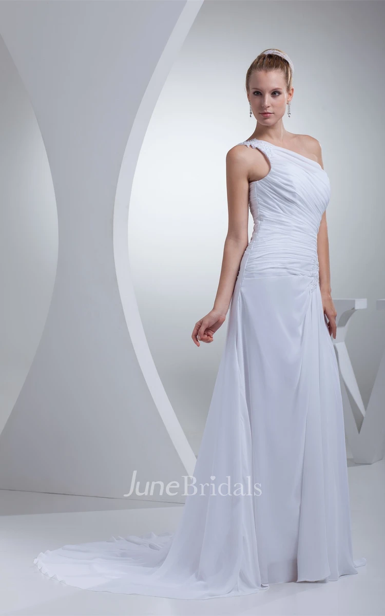 One-Shoulder Ruched Maxi Dress with Appliques and Brush Train