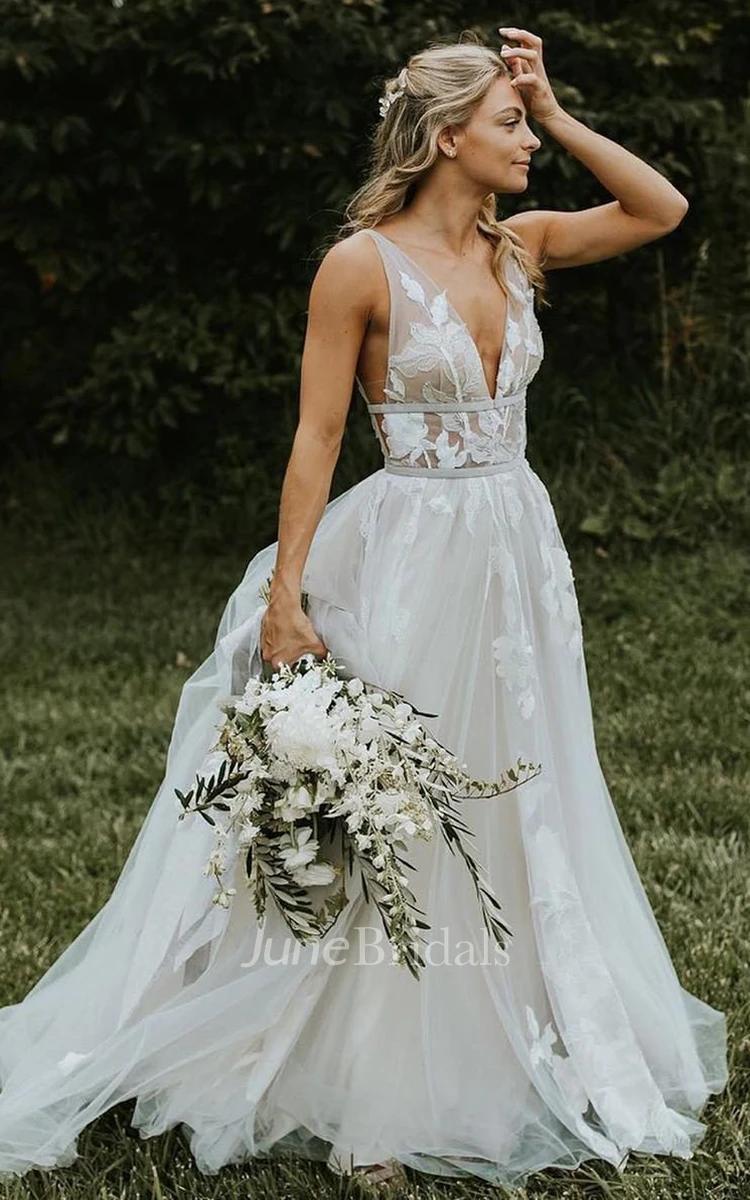 A Line V-neck Tulle Sleeveless Boho Rustic Sexy Wedding Dress