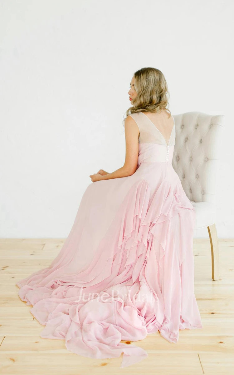 Pink Open Back Non Corset Wedding Riffles Dress