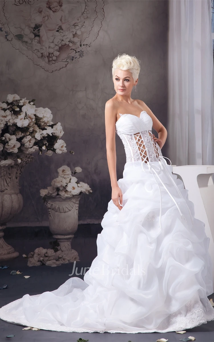 Sweetheart Criss-Cross Ruffled Gown with Beading and Appliques