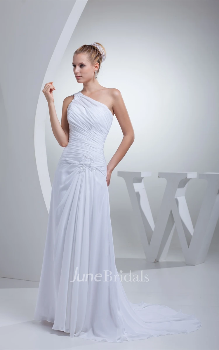 One-Shoulder Ruched Maxi Dress with Appliques and Brush Train