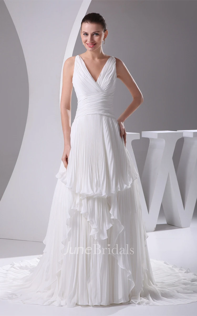 Chiffon Deep-V-Neck A-Line Gown with Draping and Pleats