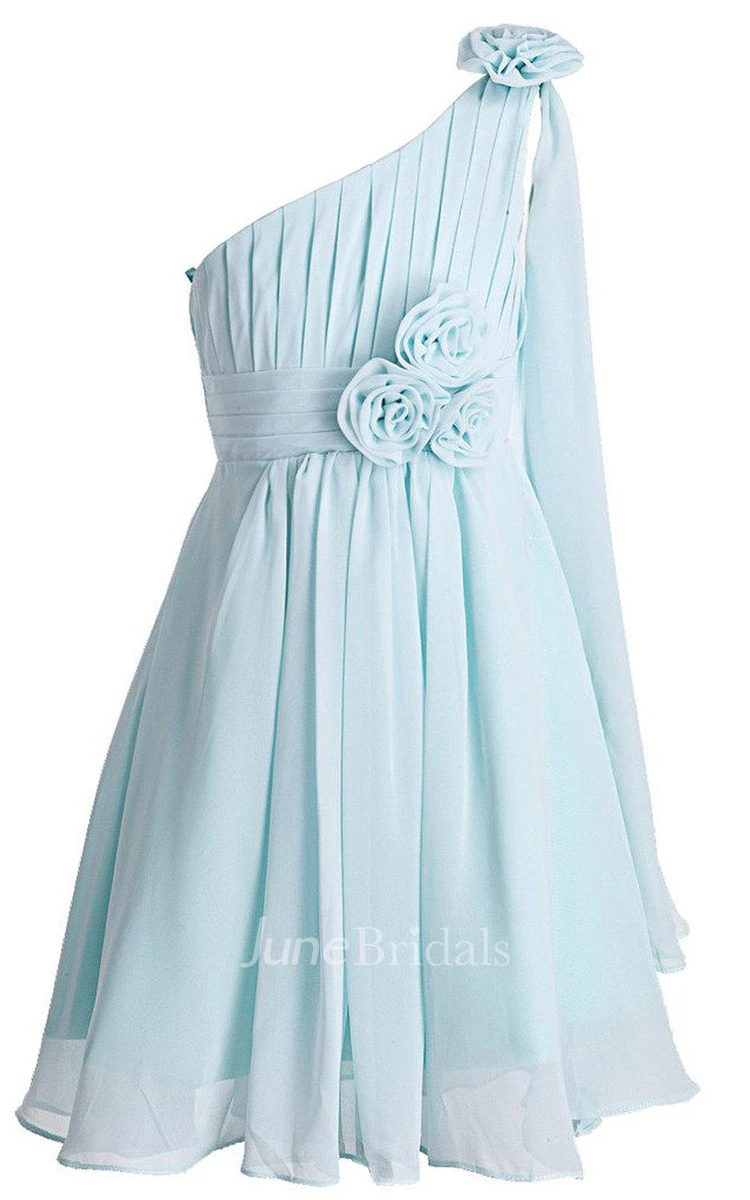 One-shoulder A-line Pleated Dress With Flowers