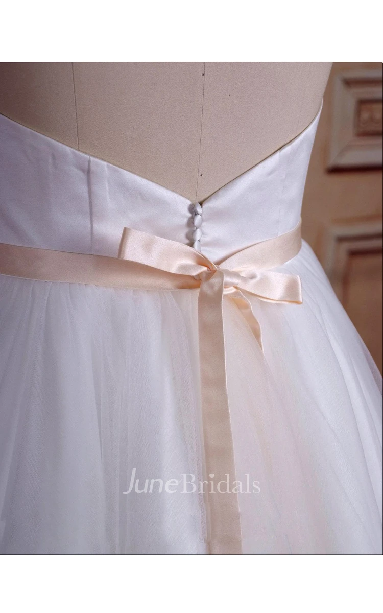 Short Tea-Length Strapped Tulle Satin Dress With Sash Ribbon Button Zipper