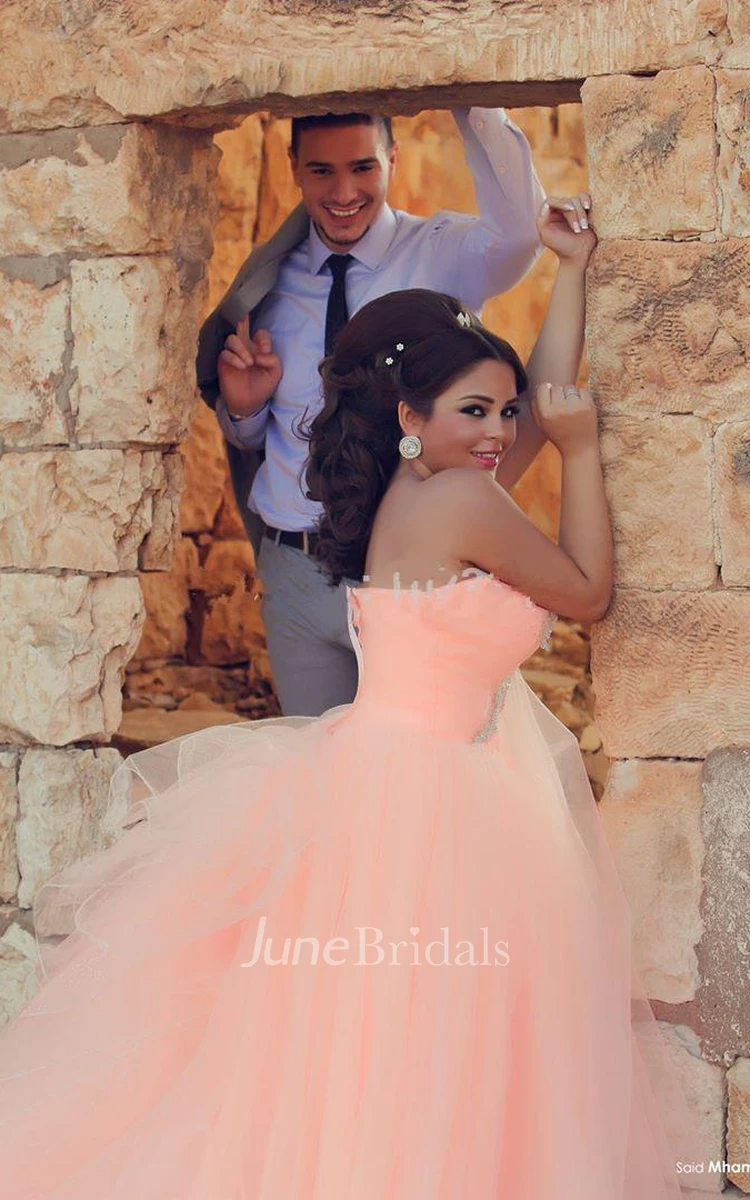 Chic Tulle Crystals Princess Pink Wedding Dress One Shoulder