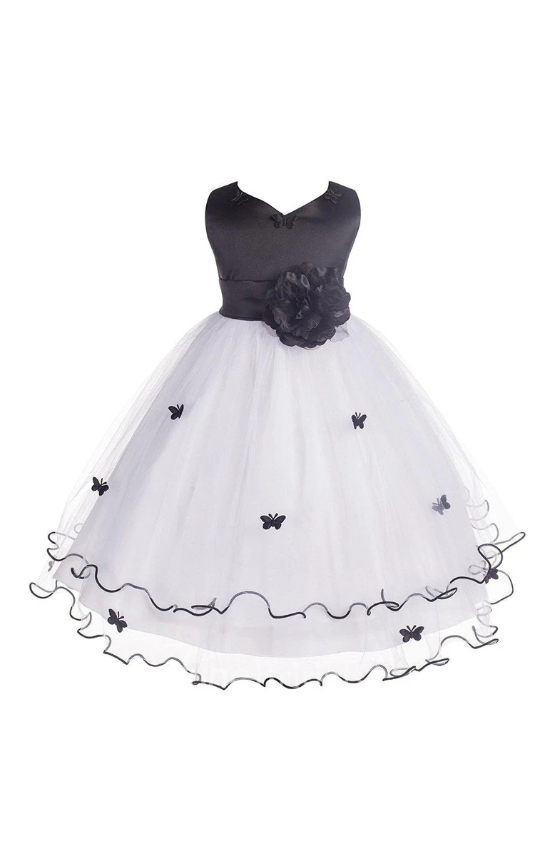 Sleeveless A-line Tulle Dress With Flower and Bow