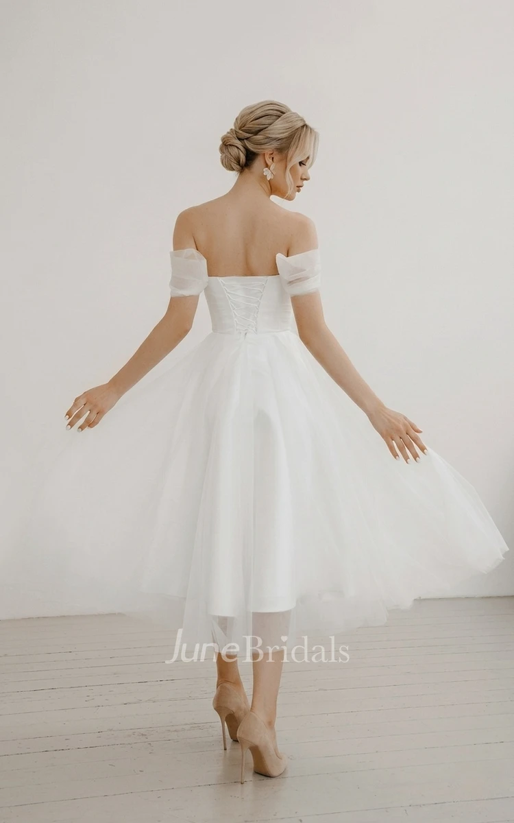1950s Tea Length Wedding Dress A-Line Off-the-Shoulder Tulle Gown with Coset Back for Civil Ceremony