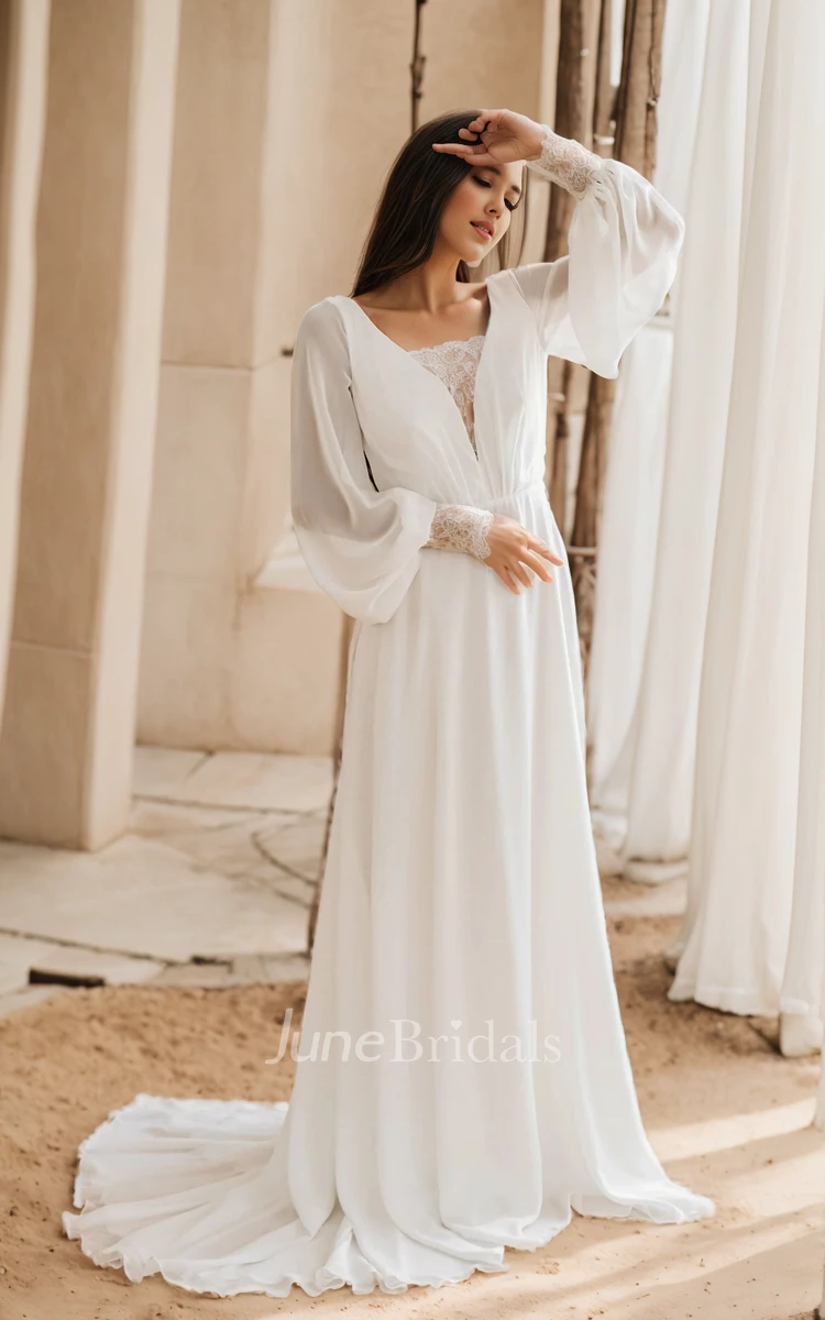 Romantic Modest A-Line Boho Long Sleeve Reception Wedding Dress Modern Simple Chiffon Lace Illusion V-Neck Low Back Bridal Gown