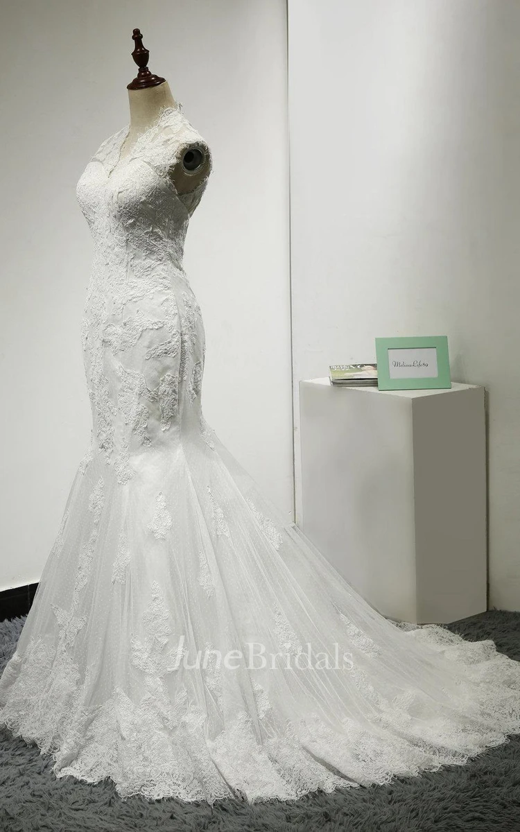 Trumpet Scalloped Cap Sleeve Tulle Lace Satin Dress With Appliques