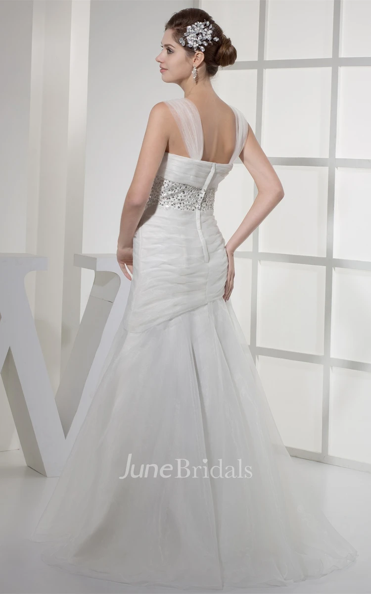 Strapped Mermaid Ruched Gown with Jeweled Waist