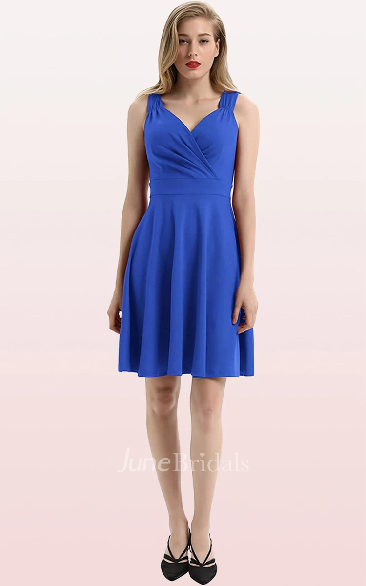 A Line V-neck Jersey Sleeveless Prom Cocktail Dress With Ruffles