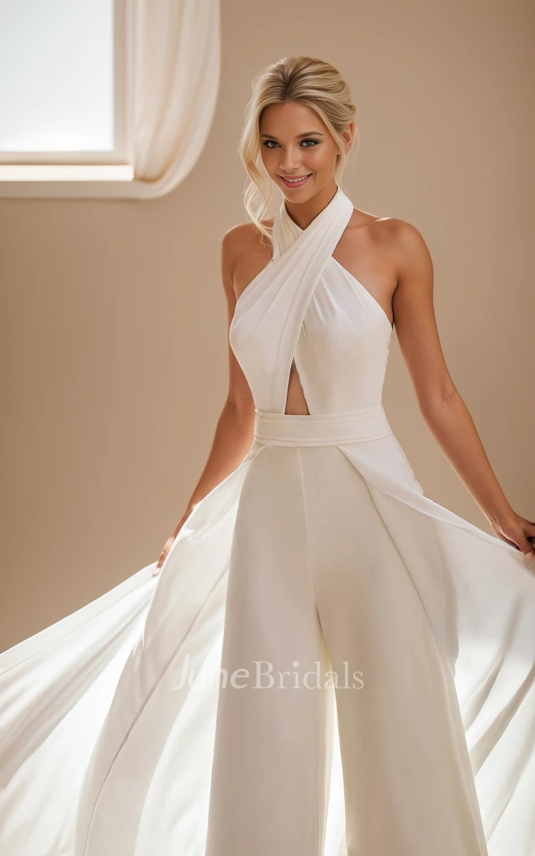 Unique Elegant Halter A-Line Detachable Train Jumpsuit Wedding Dress Minimalist Modern Criss Cross Maxi No Greater Love Bridal Gown