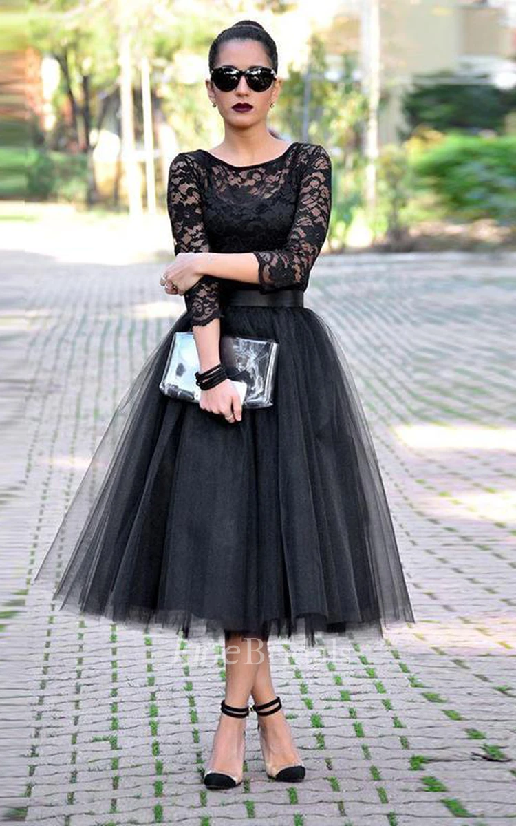 Sexy Black Lace 3 4 Sleeve Prom Dresses Tulle Tea-Length