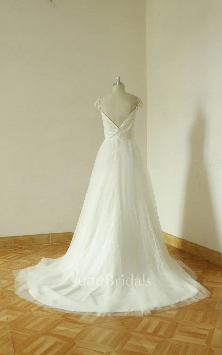 Notched Neck Low-V Back Tulle Wedding Dress With Beading And Pleats