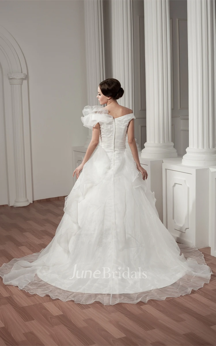 Off-The-Shoulder A-Line Ball Gown with Draping and Ruched Waist