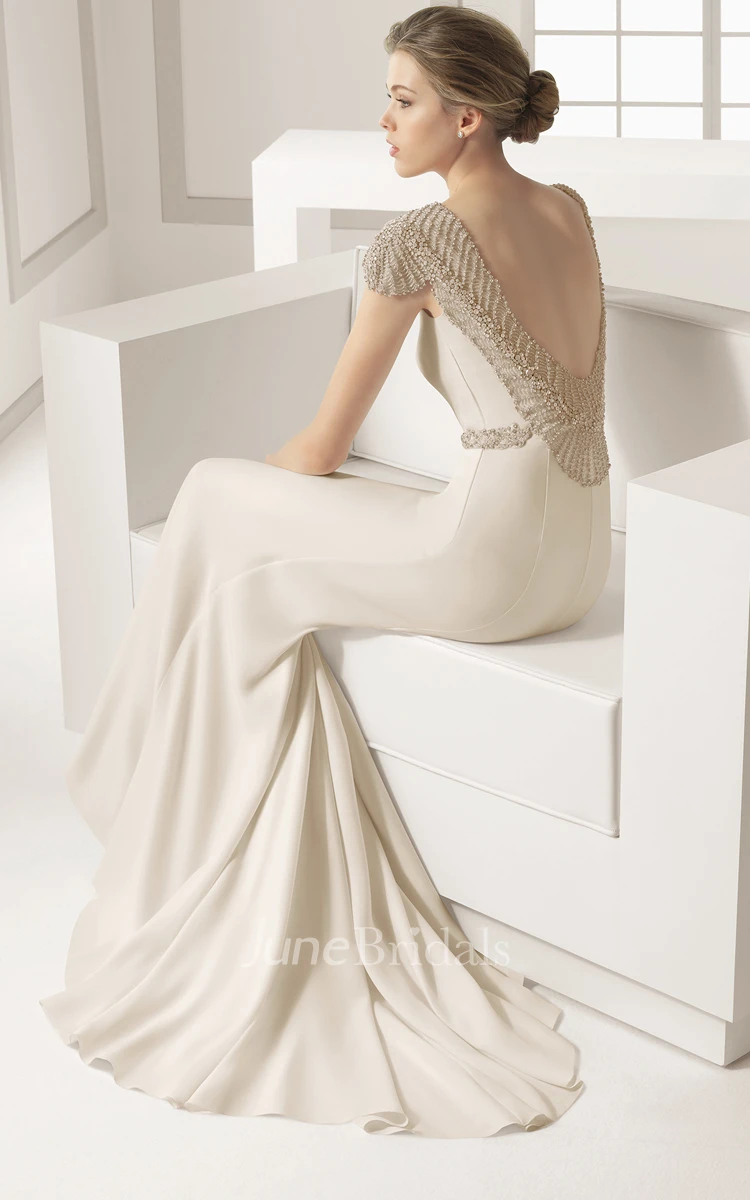 Sheath Brush Train Dress With Exquisite Beaded Backstyle and Belt