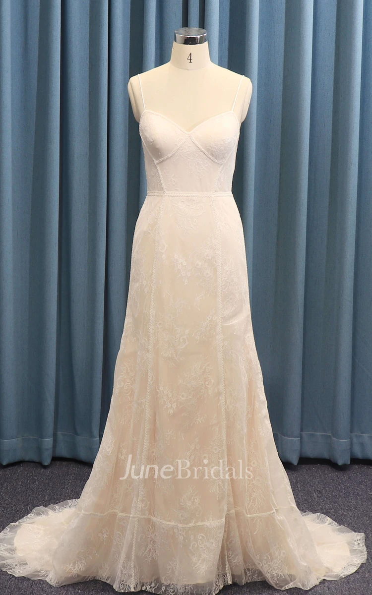 Open Back Lace Sexy Spaghetti Boned Straps A-line Wedding Dress