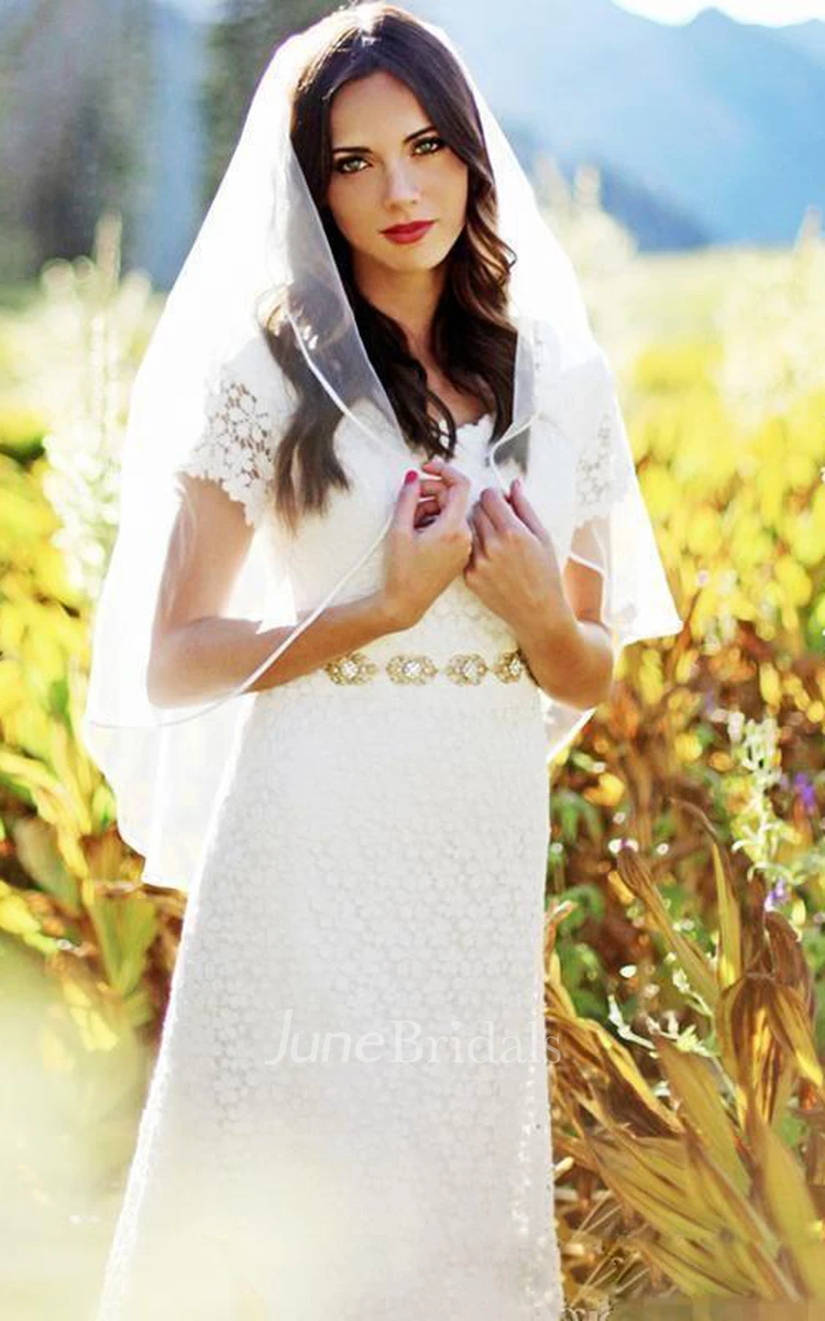 Vintage Country Modest Cap Sleeve Bohemian Crochet Lace A-line Wedding Dress with Beaded Belt