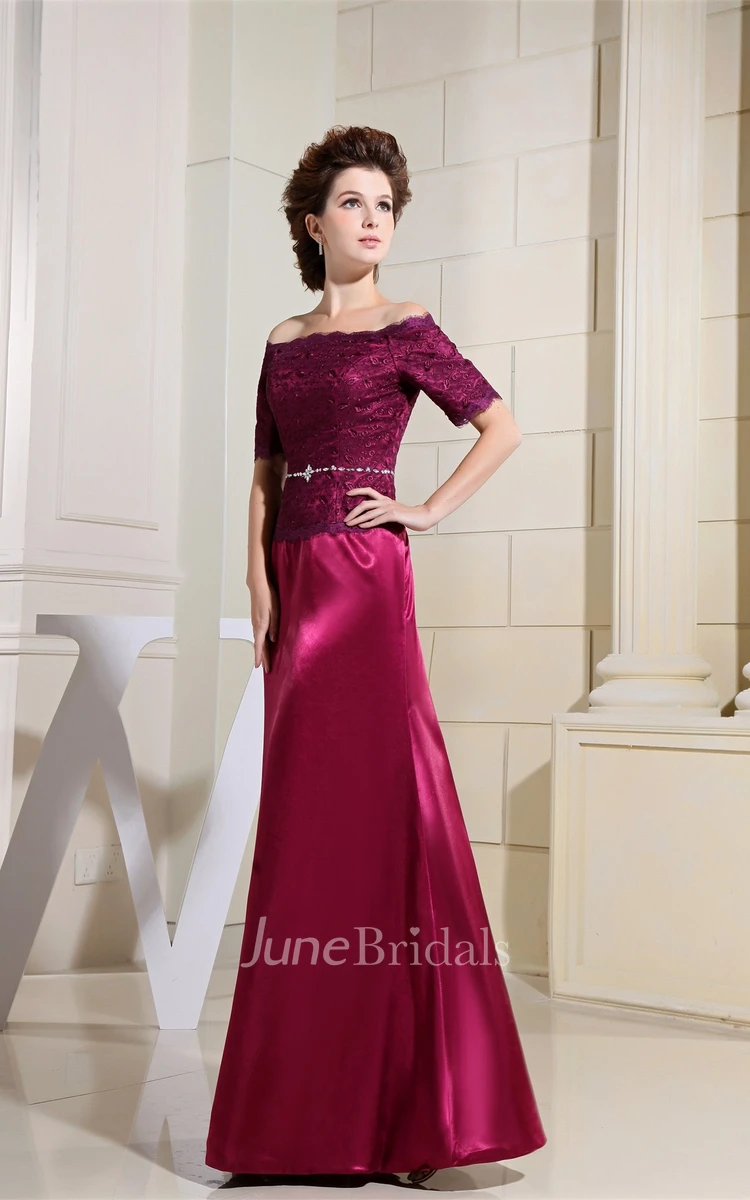 Off-The-Shoulder Short-Sleeve Satin Sheath Gown with Appliqued Top