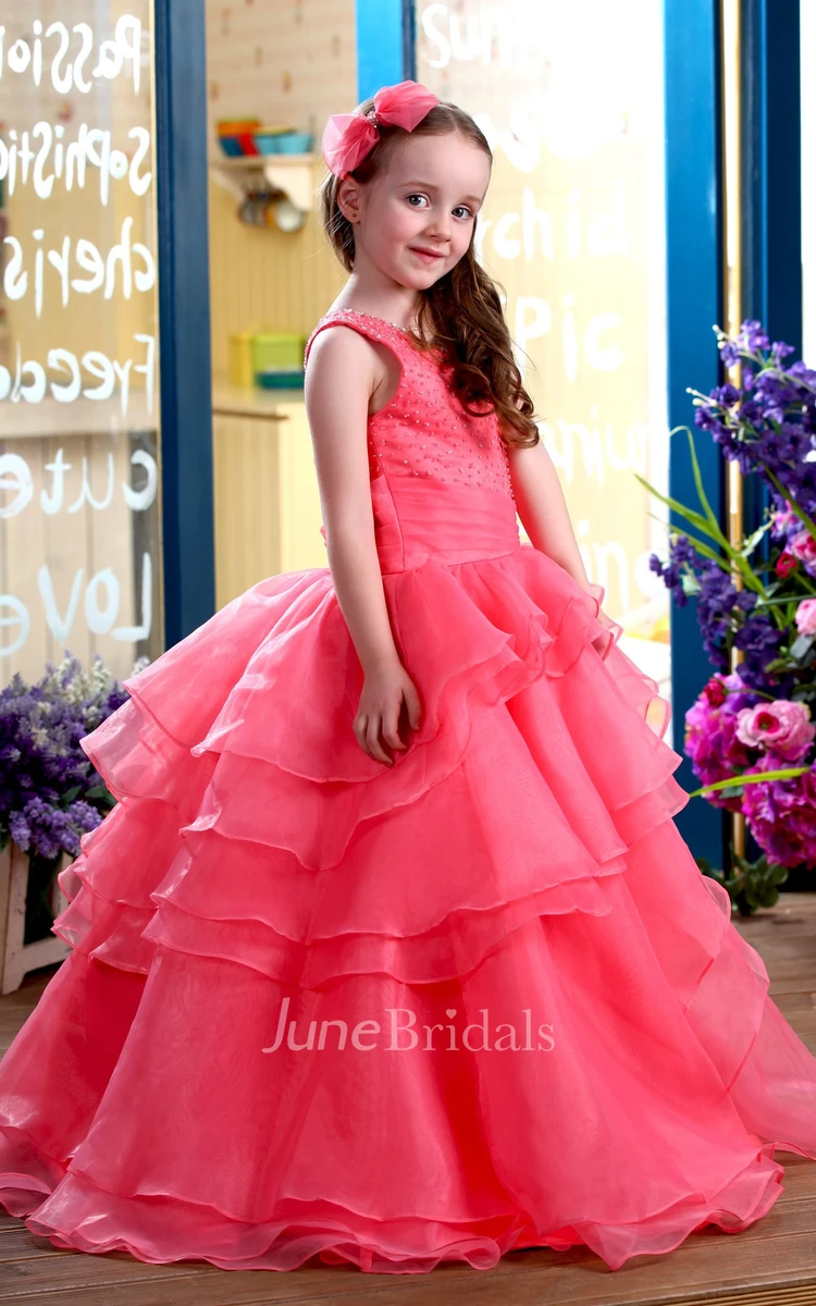 One-Shoulder Tiered A-Line Flower Girl Dress With Beaded Top