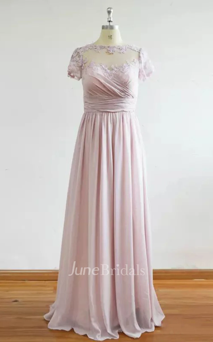 A-line Jewel Cap Short Sleeve Floor-length Chiffon Bridesmaid Dress with Appliques and Ruching
