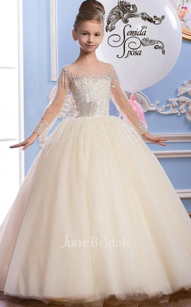 Tulle Scoop Long Sleeve Ball Gown Flower Girl Dress with Beading