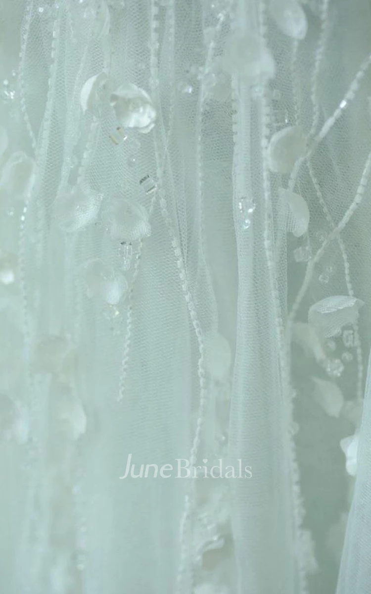 A-Line Tea-Length Sweetheart Sleeveless Bell Flower Zipper Keyhole Tulle Lace Satin Dress