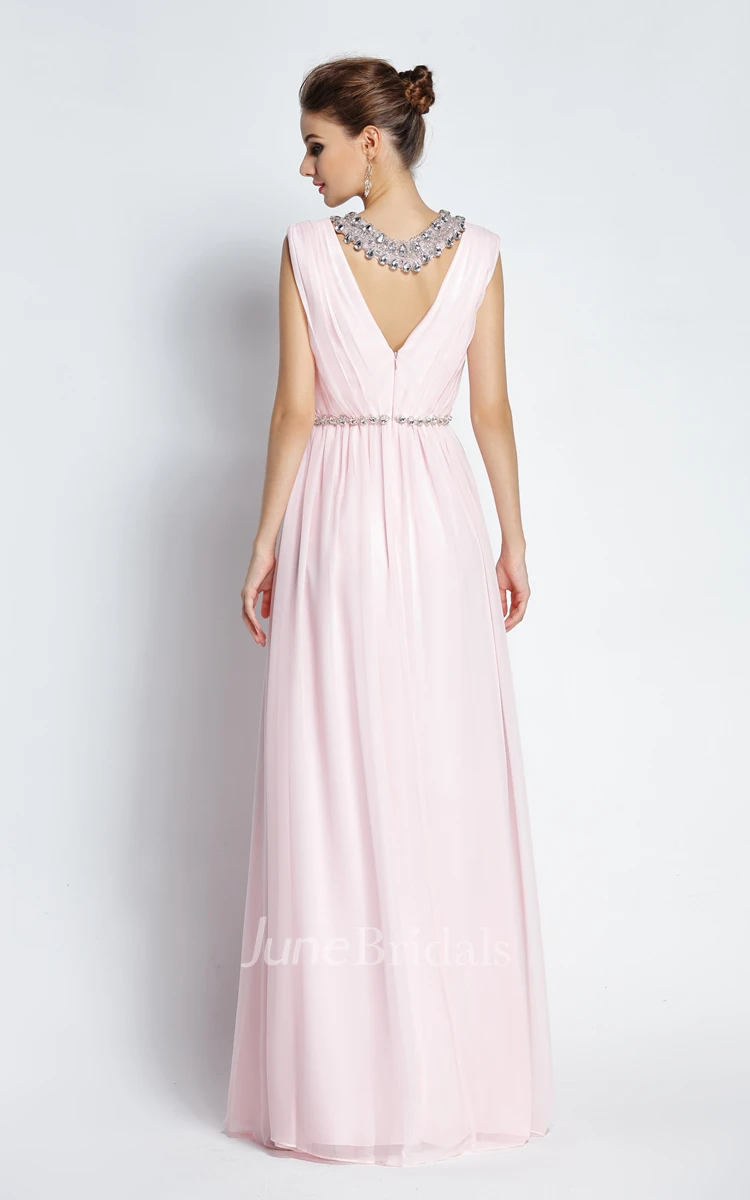 A-Line Jewel Sleeveless Floor-length Chiffon Prom Dress with Beading and Low-V Back