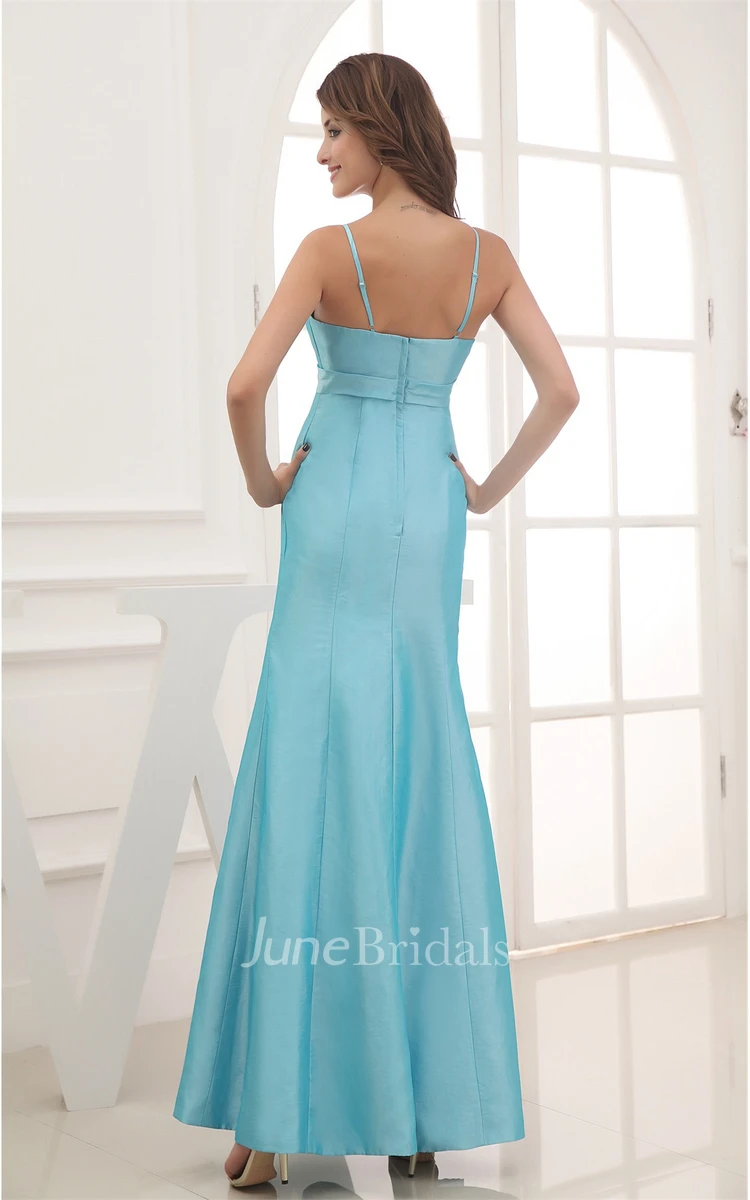Spaghetti-Straps Notched Ankle-Length Dress with Beaded Waist