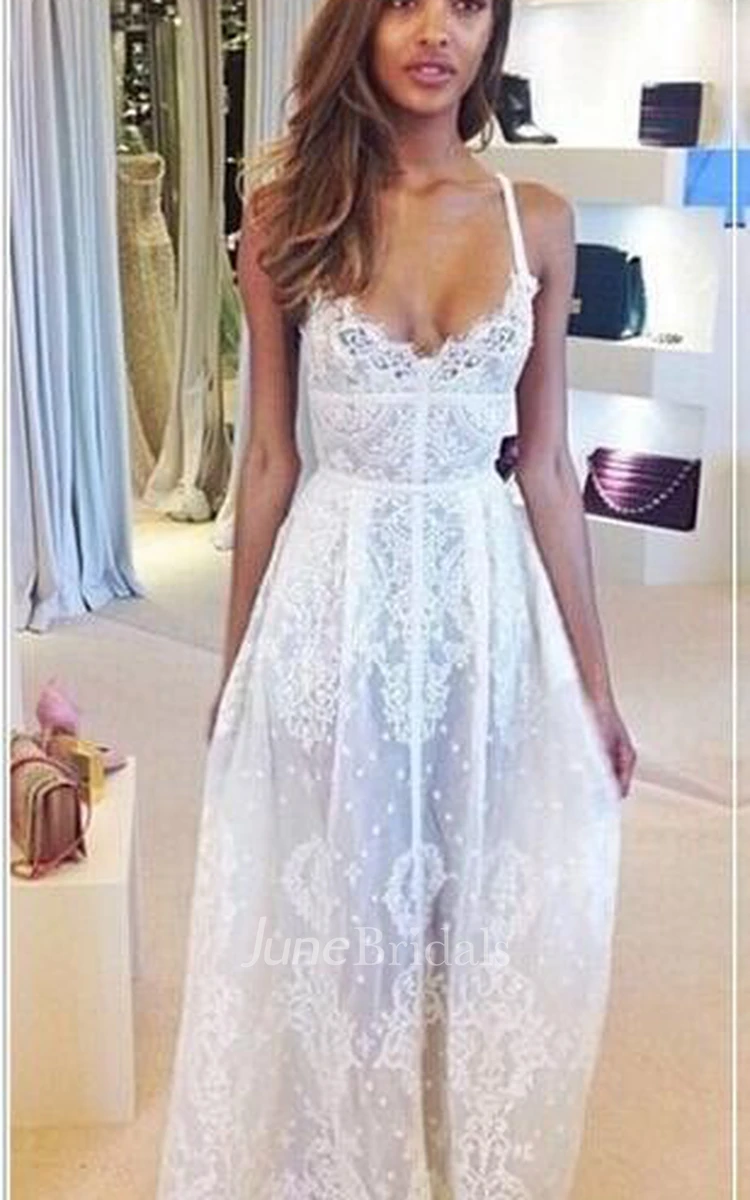 Glamorous Sleeveless Spaghetti Straps Prom Dress With Lace Floor Length Evening Gowns