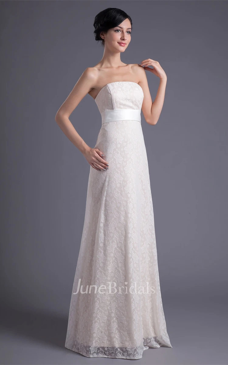 strapless sheath lace dress with cinched waist