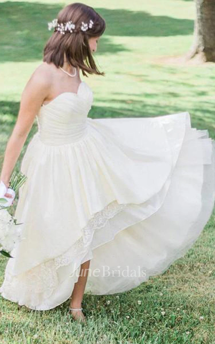 A Line Strapless High Low Lace Chiffon Backless Tiered Wedding Gown