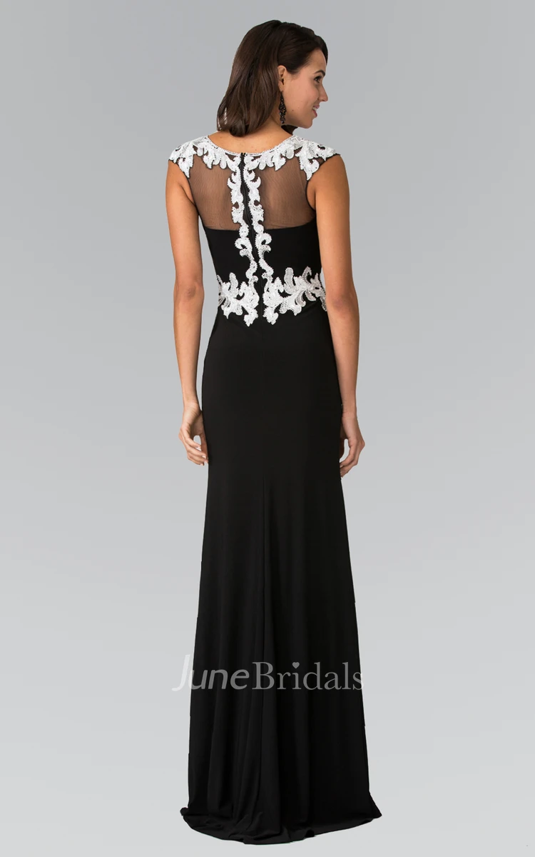 Sheath Floor-Length Cap-Sleeve Jersey Illusion Dress With Appliques
