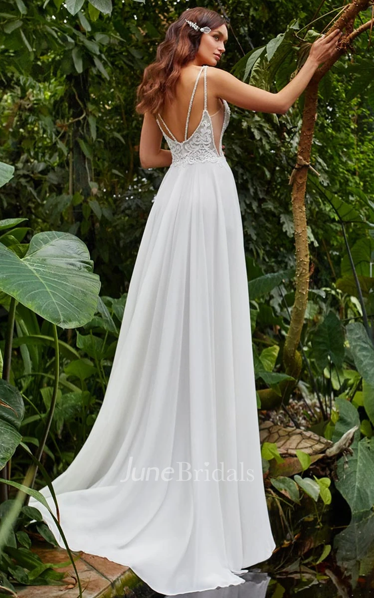 Charming A-Line Plunging Neck Wedding Dress with Split Front and Appliques