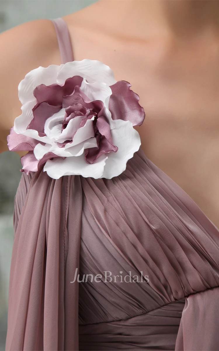 Spaghetti-Straps Side Draping Ankle-Length Ruched Gown with Ruffles and Flower