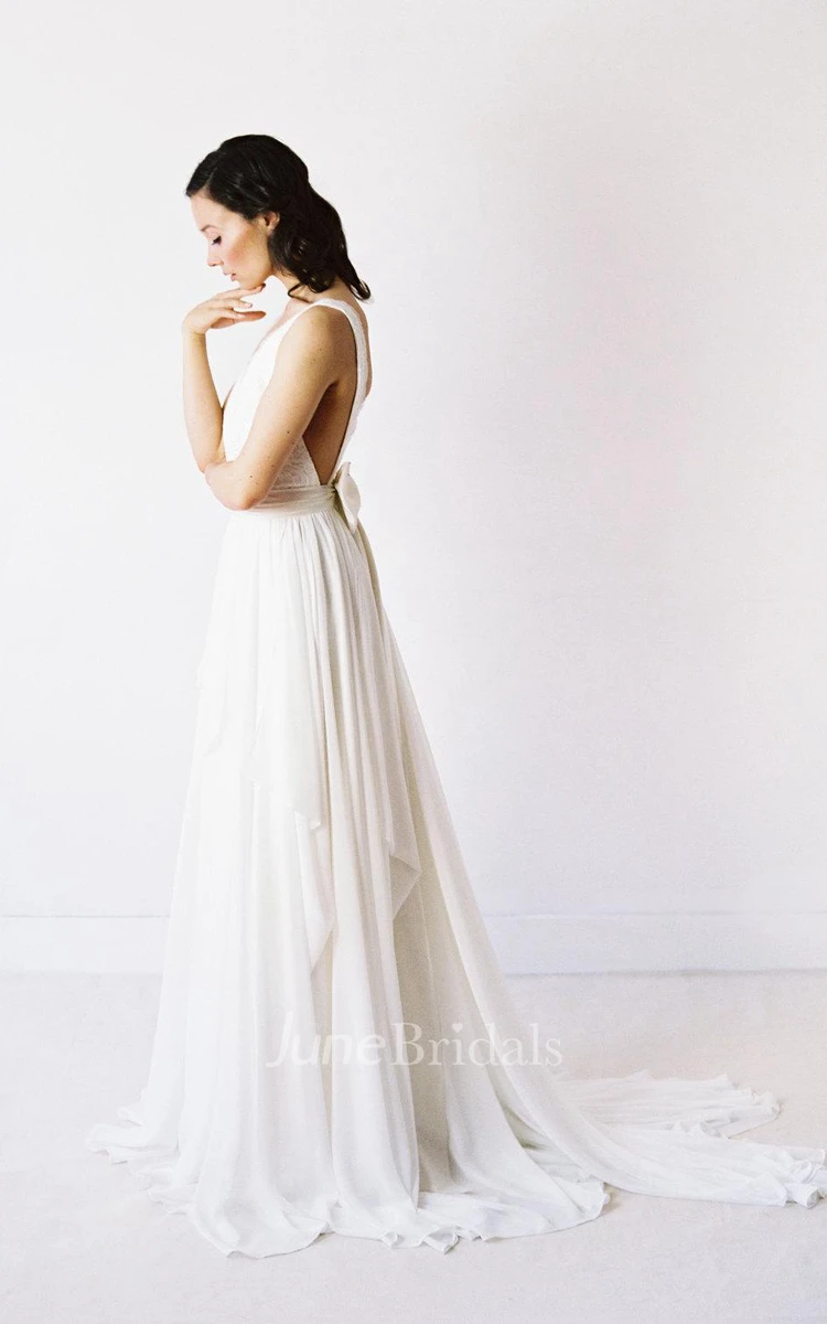 V-Neck Sleeveless Long Chiffon Wedding Dress With Lace Bodice