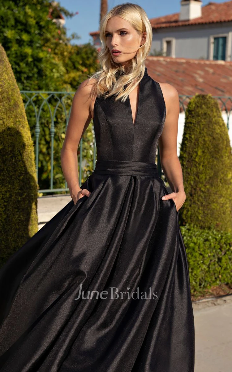 Simple Ball Gown Sleeveless Satin V-neck Brush Train Floor-length Guest Dress with Ruching