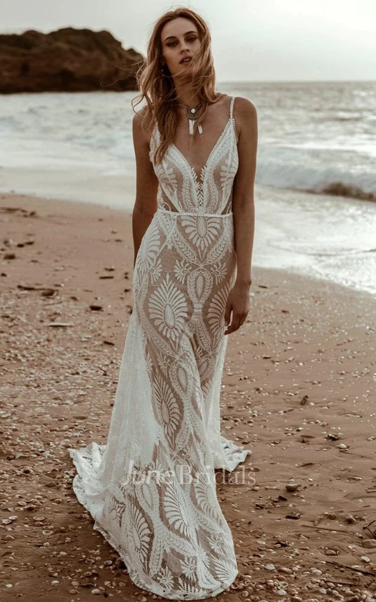 Elopement Rustic Floral Mermaid Plunging Boho Lace Wedding Dress Sexy  Vintage Beach Country Garden Forest Bridal Gown with Court Train - June  Bridals