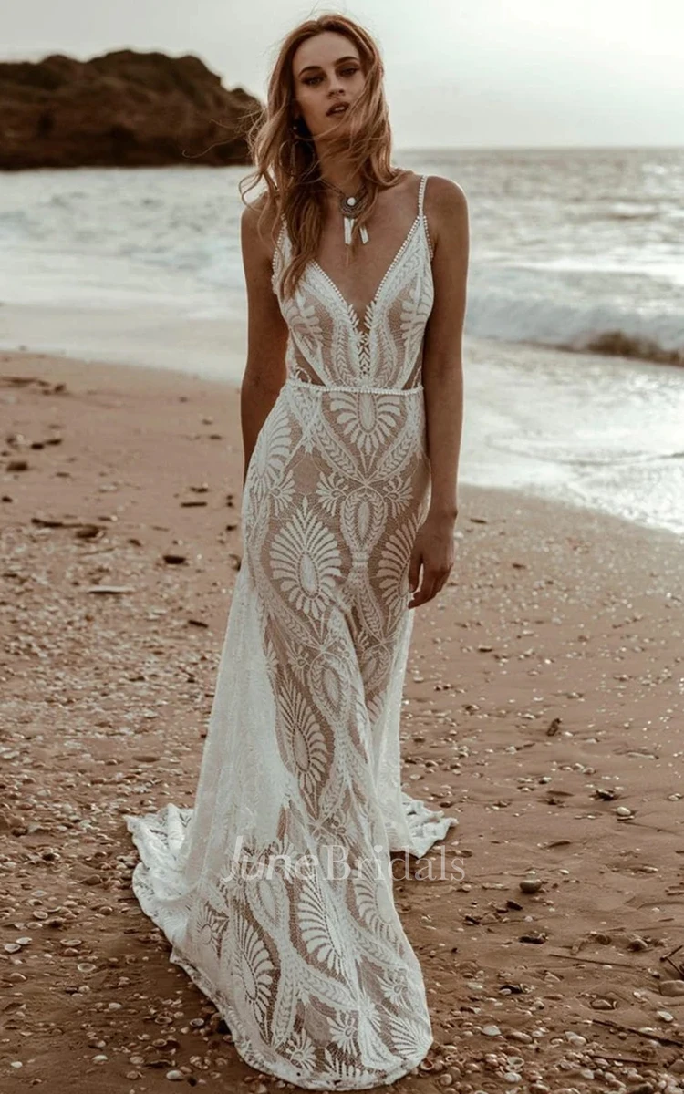 Elopement Beach Floral Mermaid Plunging Boho Lace Wedding Dress Sexy Vintage Country Garden Forest Bridal Gown with Court Train